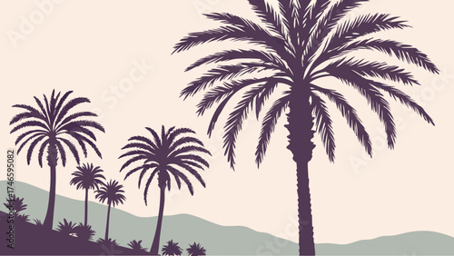 Tropical Palm Trees Silhouette Landscape Illustration Summer Vacation Holiday Design Exotic Nature Peaceful Scene Minimalist Art Beach Theme Travel Poster.