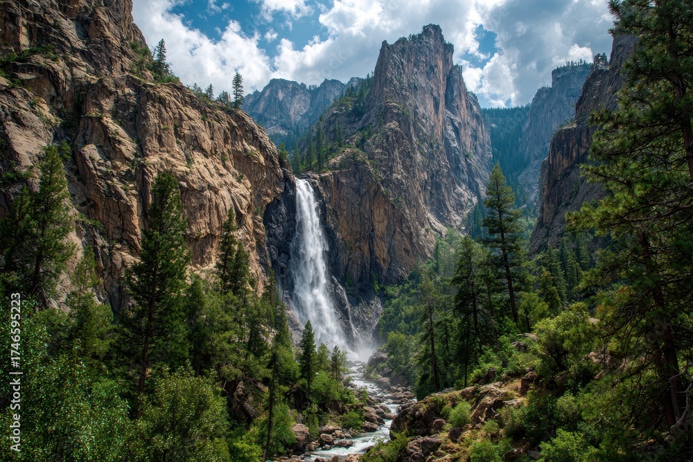 Obraz premium Majestic waterfall cascading through rocky cliffs with verdant trees. Use it for nature, travel, or landscape related designs and blogs.