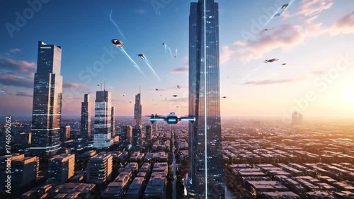 Futuristic city skyline at sunset with advanced skyscrapers and numerous flying vehicles traversing the urban landscape.