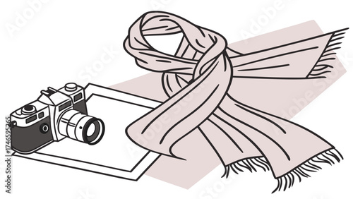 Vintage Camera and Scarf Illustration Photography Fashion Winter Accessory Cozy Style Retro Design Film Camera Soft Colors Graphic Design Element Stylish Scarf Winter Fashion Apparel.