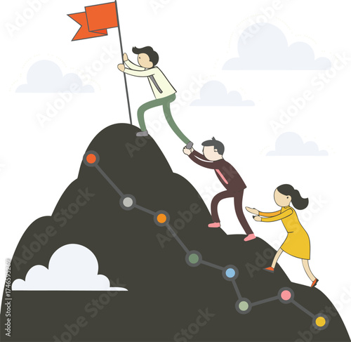 Business People Climbing Mountain with Flag
