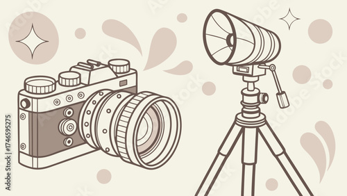Vintage Camera and Studio Lighting Equipment Illustration.
