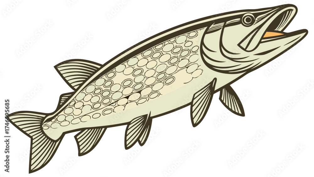 Naklejka premium Vintage Illustration of a Fish Aquatic Animal Design Seafood Graphic Retro Style Fishing Image.