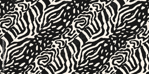 Black and white animal print. Vector seamless pattern. Background with mixed abstract wildlife fur, spots, stripes, organic shapes. Leopard, zebra, tiger, reptile skin texture. Trendy repeated design