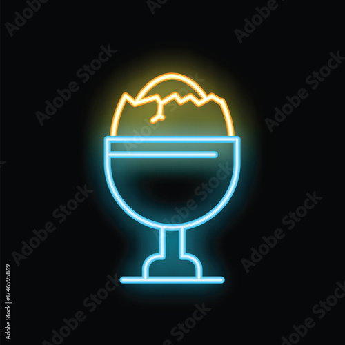 Bright neon icon of half eaten boiled egg in egg cup glowing on black background