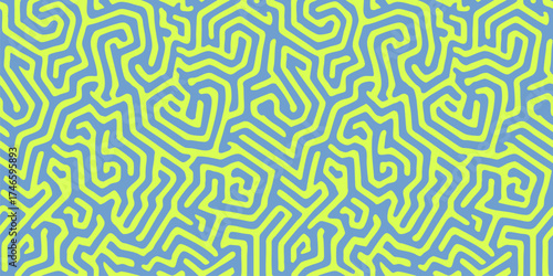Vector seamless pattern with abstract maze, labyrinth, organic shapes, quirky liquid lines. Funky neon green and blue vector background with bio structures, brain texture, coral. Trendy repeat design