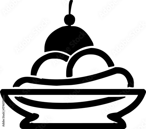 Black and white icon of an ice cream sundae with scoops, whipped cream, and a cherry on top.
