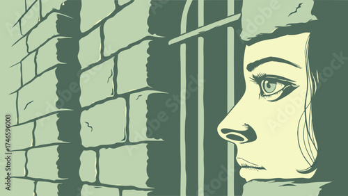 Womans Profile Beside a Wall and Bars Captive Imprisoned Despair Hope Freedom Illustration Art.
