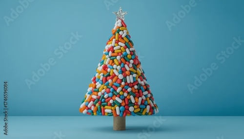 A creative Christmas tree made from colorful pills. A Christmas tree made from multiple pills on a white background.