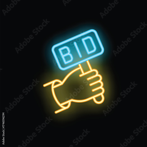 Auctioneer hand holding a bid paddle in neon style on black background