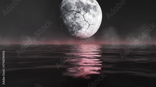 Cracked Moon Reflects on Dark Waters, Eerie Atmosphere