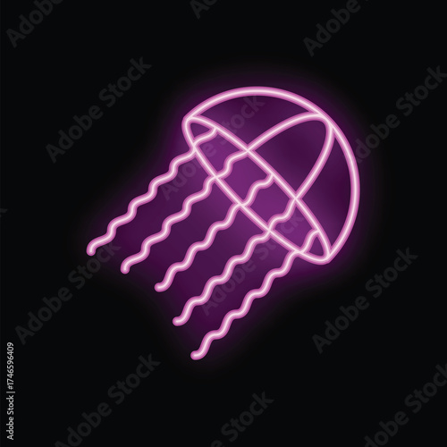 Pink neon sign depicting a jellyfish swimming with its tentacles floating behind it, set on a black background