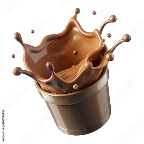 Chocolate milk splashing out of a brown cup with a black background in a studio shot scene Isolated on transparent background, png