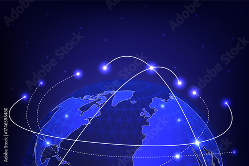 Futuristic illustration of global communication and data exchange with glowing lines on Earth