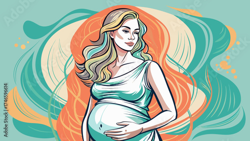 Very beautiful close-up portrait of a pregnant woman in continuous line drawing style, tenderly holding her belly with grace, symbolizing maternity, hope, love, and minimalist elegance in artistic 