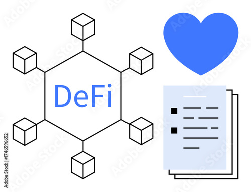 Blockchain nodes connected around DeFi text, a blue heart, and document stack symbolizing innovation, trust, contracts, and functionality. Ideal for fintech, transparency, blockchain cryptocurrency