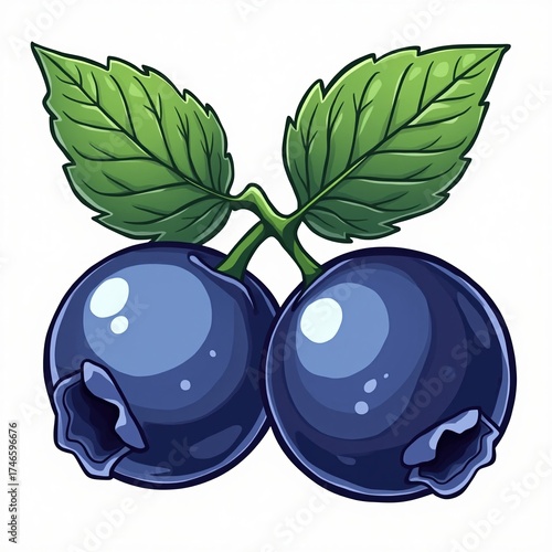 Illustration of two blueberries with green leaves on top