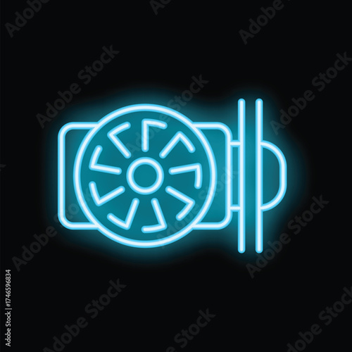 Bright blue neon icon of a computer graphics processing unit glowing on a dark background