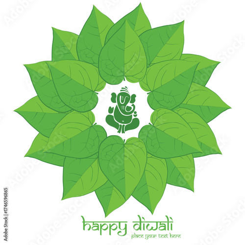 Happy Diwali Festival Illustration with Green Leaf Circle, Lord Ganesha Silhouette, Elegant Decorative Design, and Vibrant Indian Celebration Artwork for Greeting Card or Holiday Poster