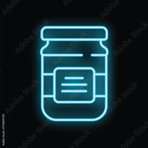 Bright blue neon sign of a jar glowing on a black background