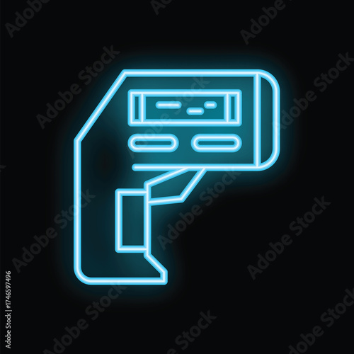 Blue neon icon of a digital infrared non contact thermometer on a black background