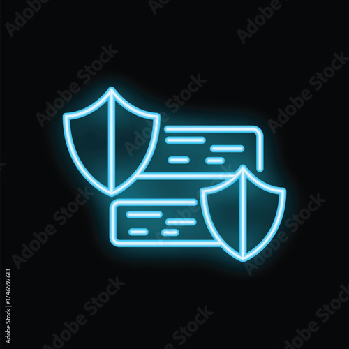 Glowing neon icon of computer servers being protected by shields, representing cybersecurity, data protection, and online safety