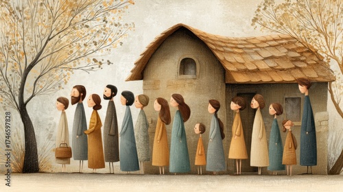 People standing in line near a rustic house illustration