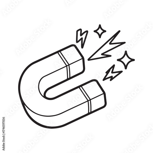 Doodle Style U-Shaped Horseshoe Magnet Hand Drawn Vector Illustration with Magnetic Field Force