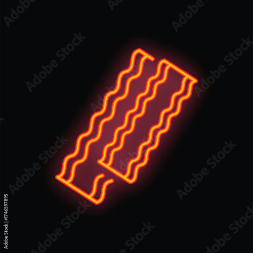 Glowing neon sign depicting two slices of bacon on a black background