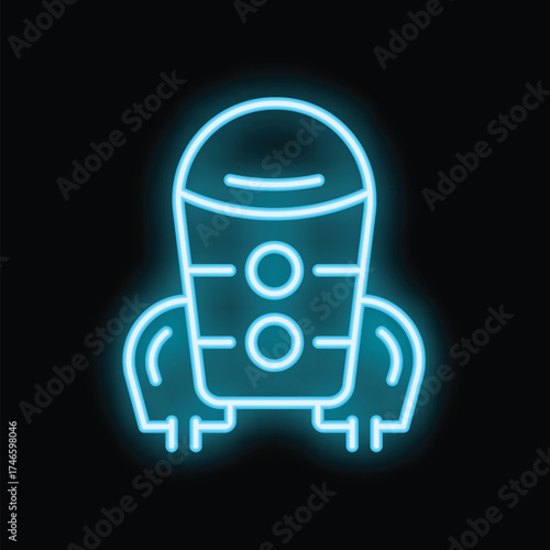 Bright blue neon icon of a space rocket taking off on mission to discover new planets and galaxies