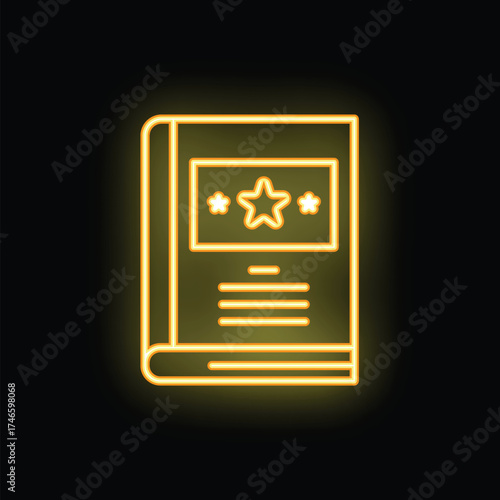 Bright yellow neon sign of a bestselling book glowing on a black background