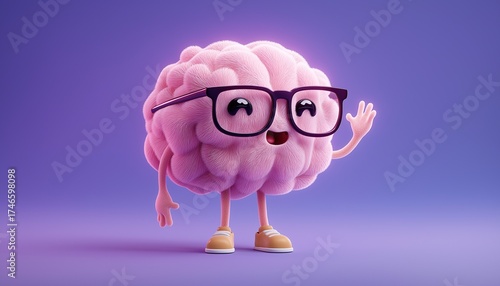 Wallpaper Mural Cute 3D Brain Character with Glasses Waving on Purple Background Torontodigital.ca