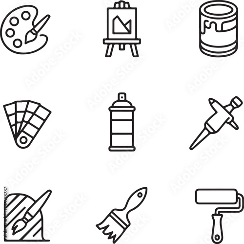 Creative art and painting outline icons set for design and decoration.