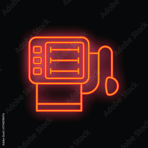 Glowing neon icon of medical device measuring blood pressure on black background