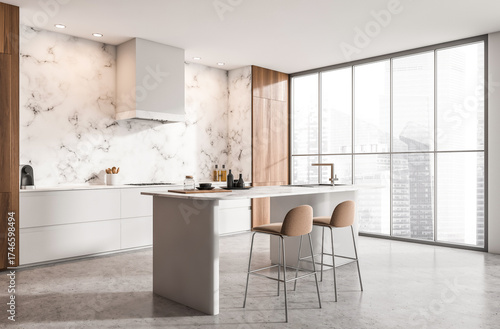Wallpaper Mural Sleek modern kitchen interior with marble walls, minimal white cabinetry, wood elements, and tall city-view windows. 3D Rendering concept of elegance Torontodigital.ca