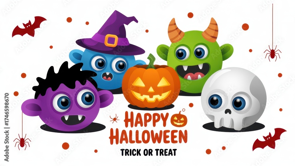 Obraz premium Spooky Halloween Celebration: A vibrant Halloween scene filled with spooky characters, including grinning pumpkins, quirky monsters, and festive decorations.
