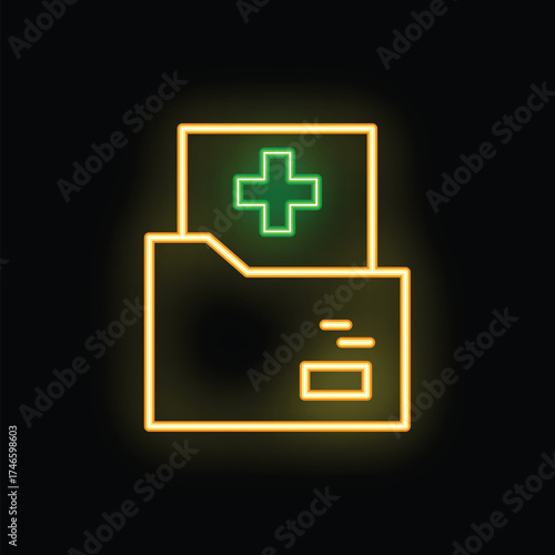 Neon green medical history icon glowing on black background