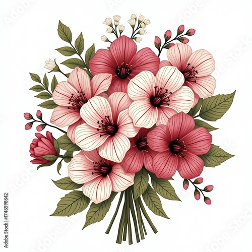 Illustration of bouquet of pink flowers with green leaves