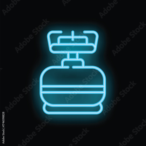 Bright blue neon sign of a cable car glowing on a black background