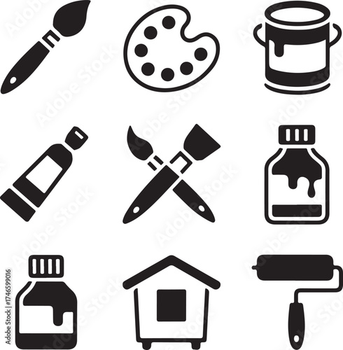 Art and Painting Supplies Black and White Illustration Vector Graphic.