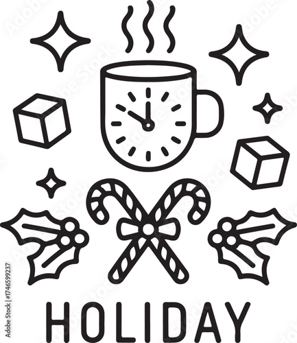 Minimalist Holiday Season Vector Illustration Featuring Hot Drink and Sweets.