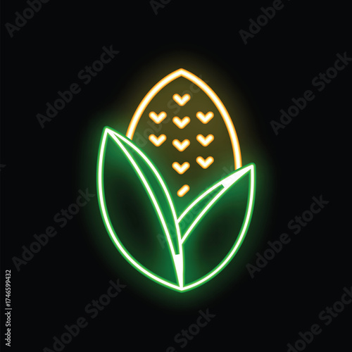 Bright neon sign representing a corncob with green leaves, on a black background