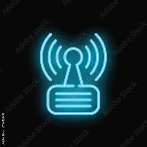 Blue neon router icon glowing on dark background representing concepts of wireless network, internet connection and communication