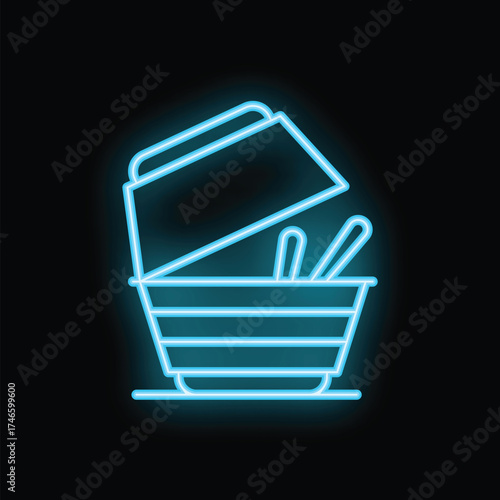 Bright blue neon sign depicting an open noodle box with chopsticks