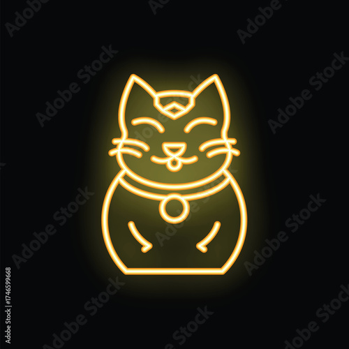 Glowing neon sign depicting a maneki neko, the japanese beckoning cat, believed to bring good luck and fortune