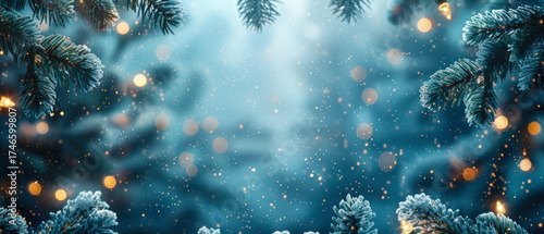 Snow-covered fir branches in winter snowy forest against the background of Christmas lights. Snowy background for Christmas and New Year card, banner. Copy space.