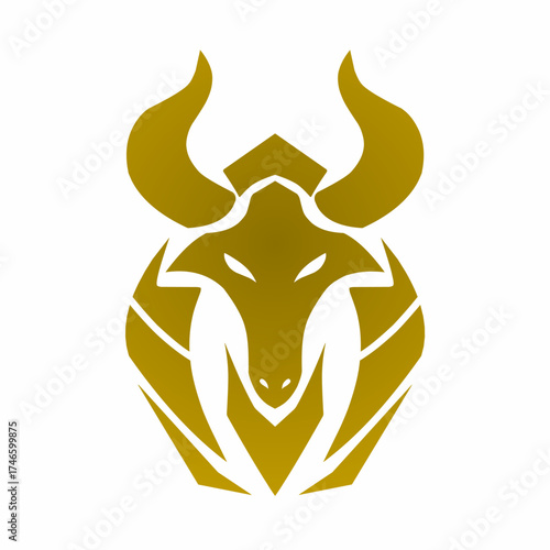 Abstract tribal style illustration of a bull head in golden color with sharp, symmetrical lines and bold horn shapes
