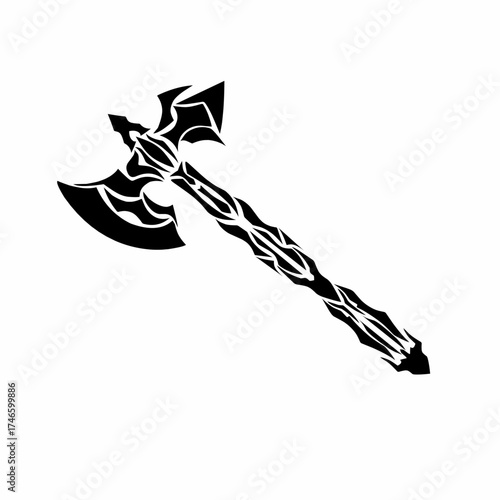 Black and white tribal style illustration of a battle axe with intricate decorative patterns on the blade and handle