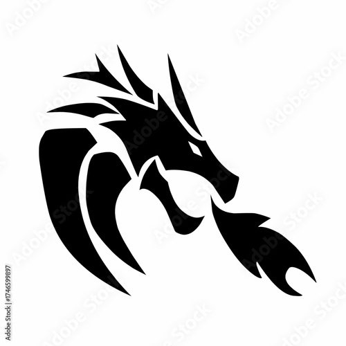 Black tribal style illustration of a dragon head breathing fire, featuring bold and sharp lines that symbolize strength, power, and mysticism