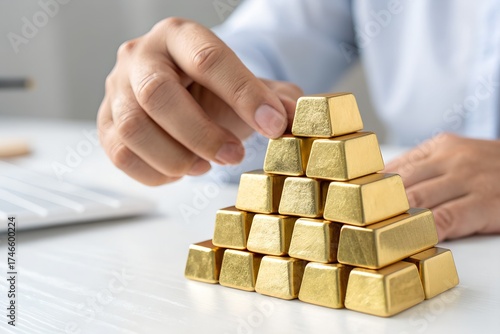 Person stacking gold bars into pyramid shape, representing financial stability and investment strategy